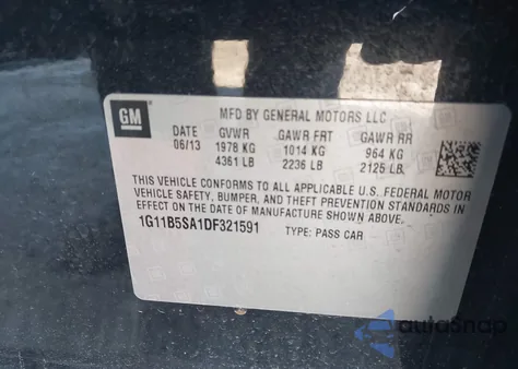 2013 Chevrolet Malibu 1Ls из США, поврежденный, VIN 1G11B5SA1DF321591